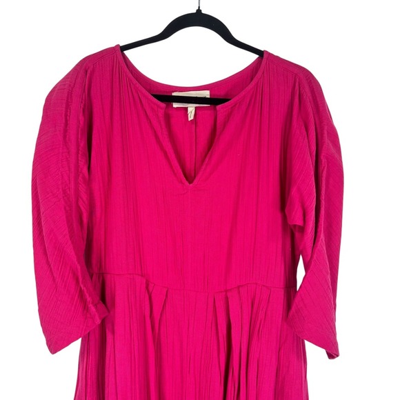 Mara Hoffman Women's Dress XXS Hot Pink 3/4 Sleeve V Neck Midi Pleated Pockets - Picture 3 of 9